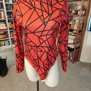 Geometric Red and Black Long Sleeve Bodysuit